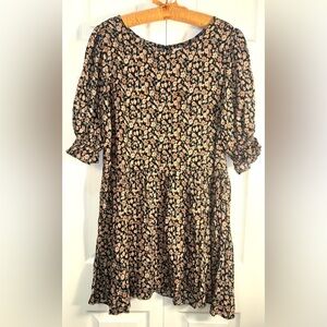 Natural Life Floral Boho Dress Black Peach Ruffle Sleeve L/XL NWOT